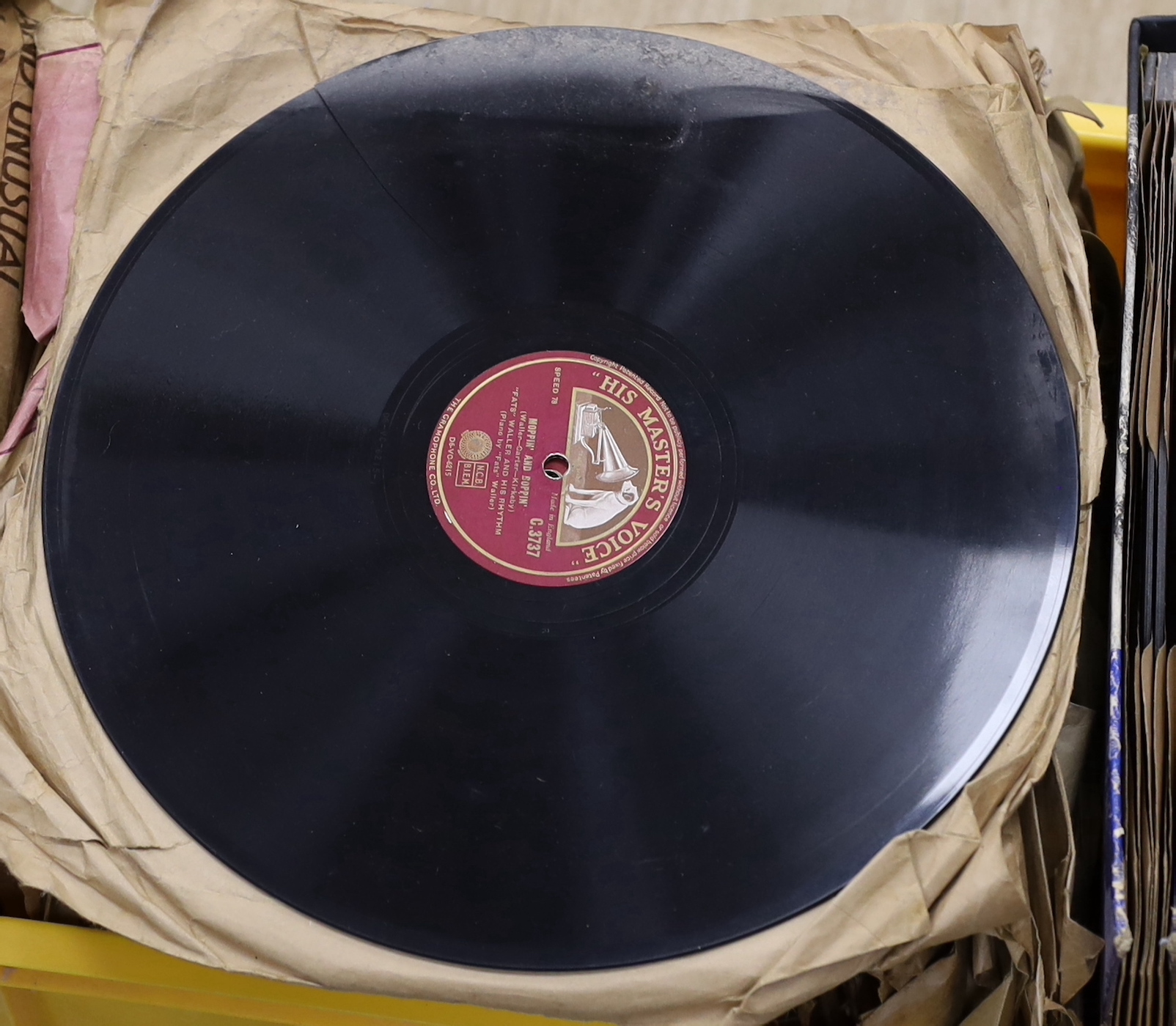 A collection of gramophone 78s, including jazz recordings, big band, and classical music, performers include Duke Ellington, Fats Waller, Louis Armstrong, Bessie Smith, the History of Jazz set, Bunk Johnson, Bix, Beiderb